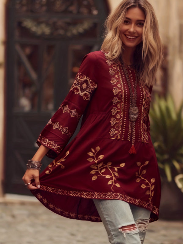 Retro Ethnic Bell Sleeve Top – Casual Round Neck Dress