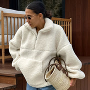 Cozy Beige Fleece Stand Collar Sweatshirt