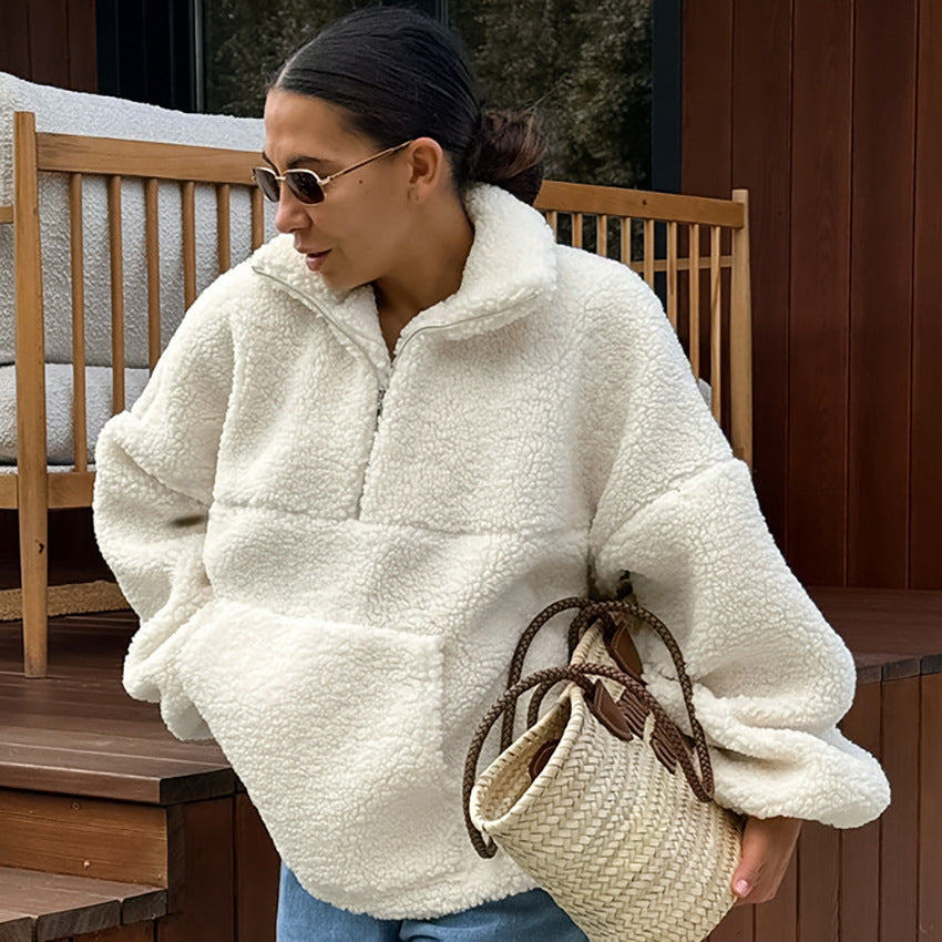 Cozy Beige Fleece Stand Collar Sweatshirt