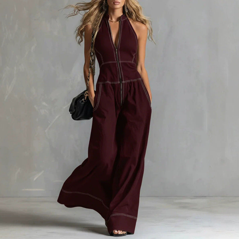 Chic Sleeveless Casual Stand-Up Collar Loose Jumpsuit