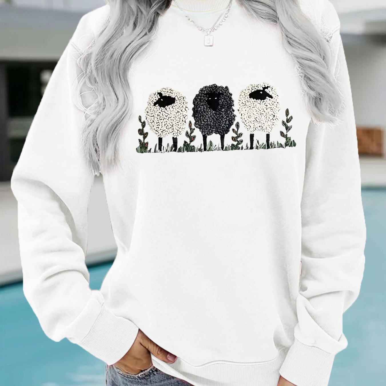 Chic Round Neck Printed Cashmere Pullover Sweater