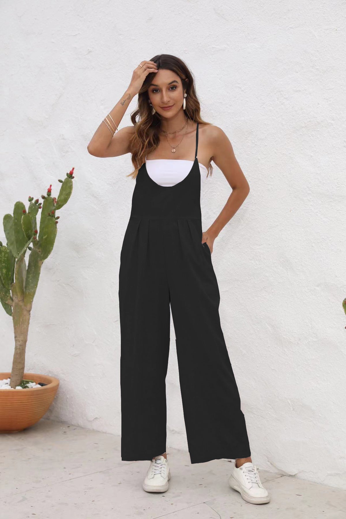 Women's Casual Cotton Linen Solid Sleeveless Jumpsuit