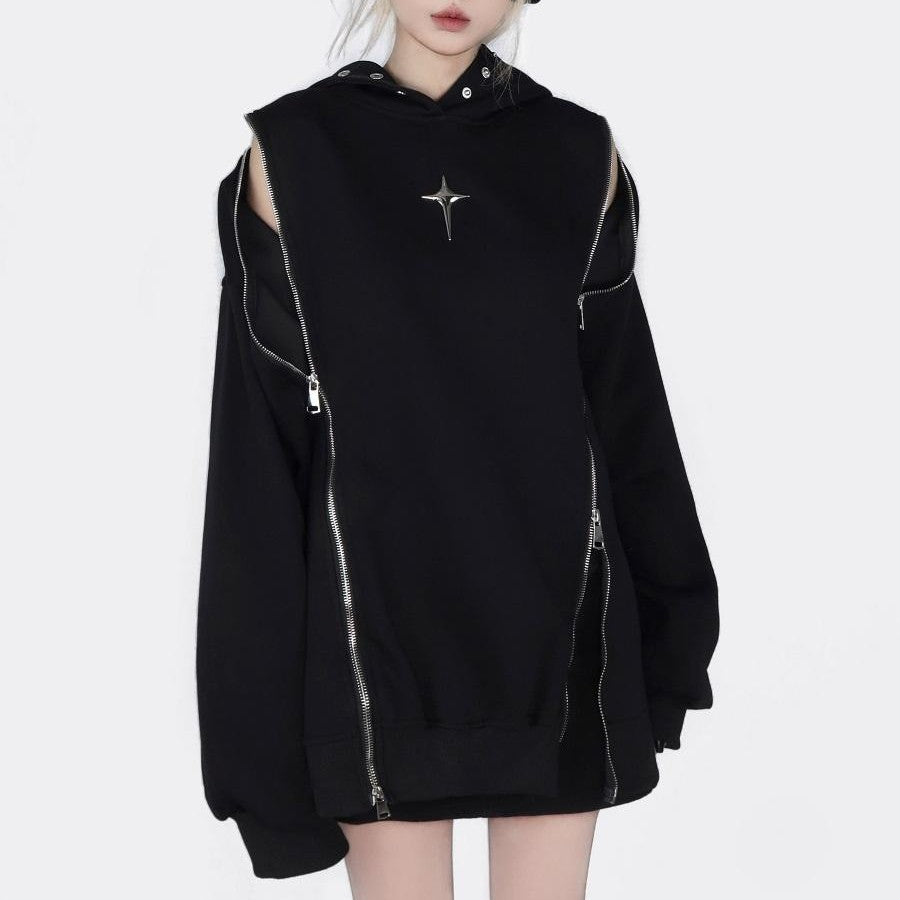 Edgy Cold-Shoulder Hollow Out Zip-Up Hoodie