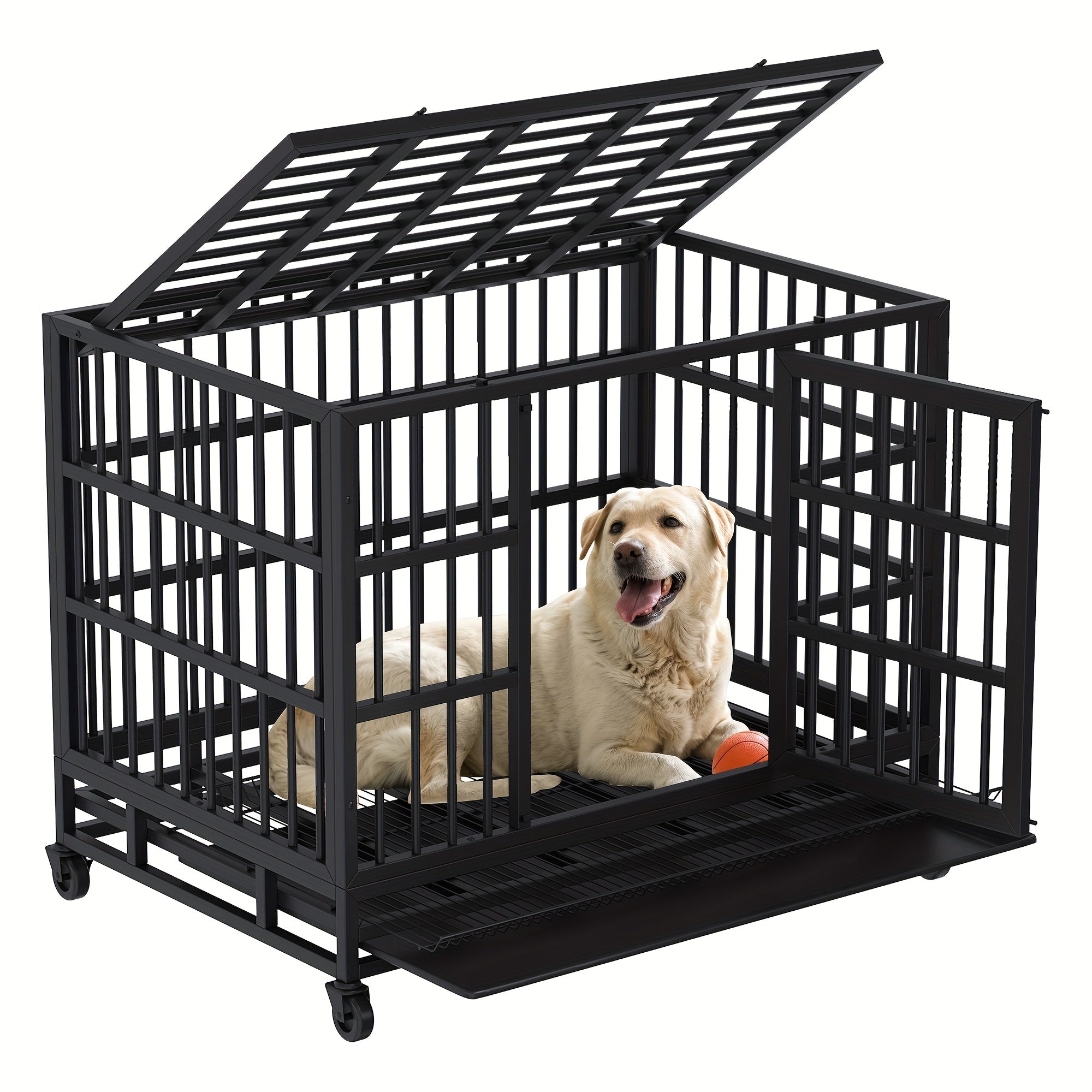 Celebalcony 48/ 38 Inch Heavy Duty Dog Crate Double Doors Escape Proof Cage Kennel, Enhanced Metal Pet Cage, Extra Large Crate Indoor For Large Dog With Removable Tray And Lockable Wheels