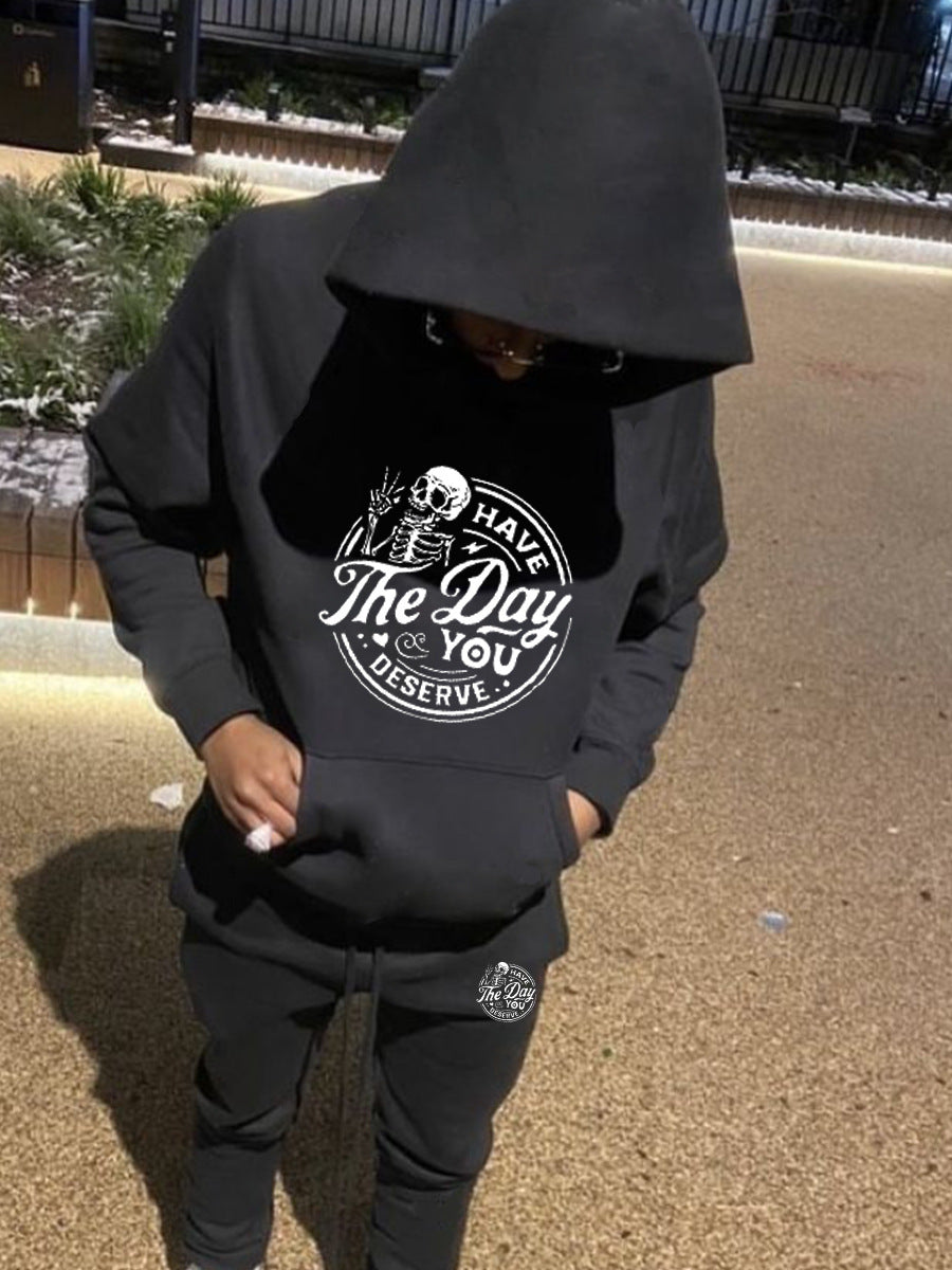 Chic Black Hooded Casual Sweatshirt & Pants Set