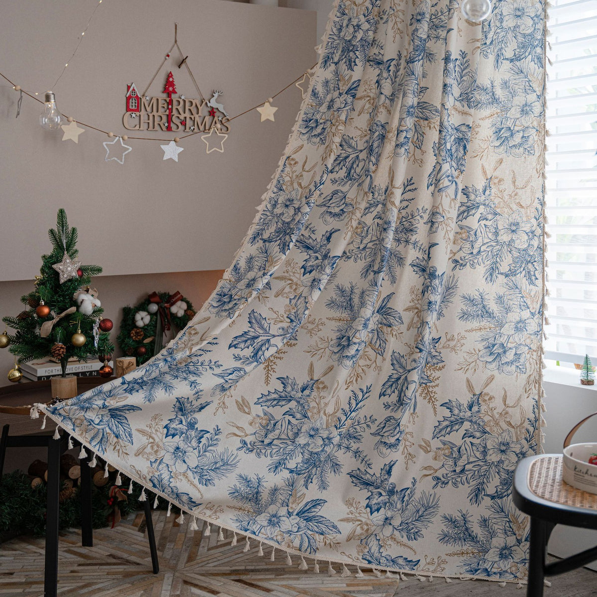 Pine Branch Christmas Semi-blackout Partition Sheer Curtain