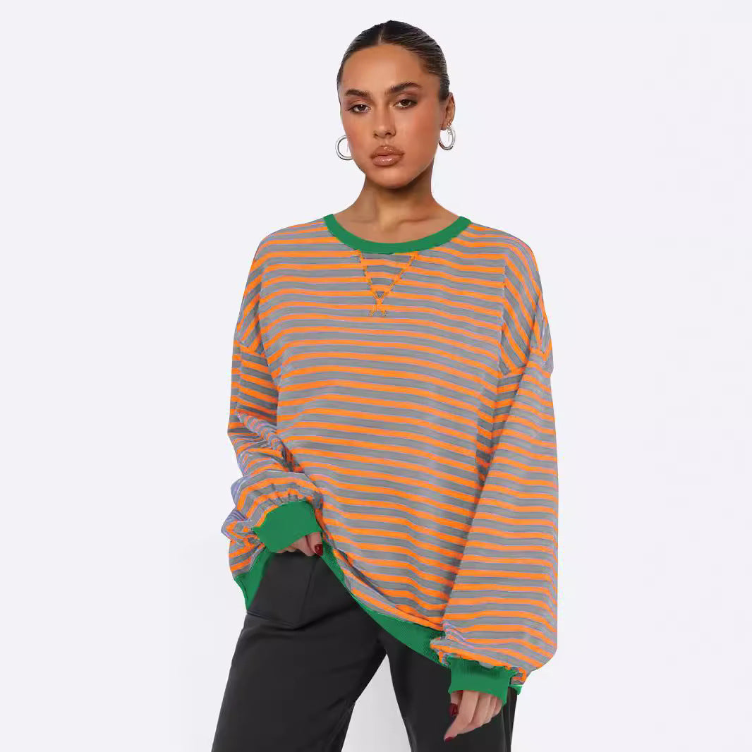 Chic Striped Bishop Sleeve Sweater for Women