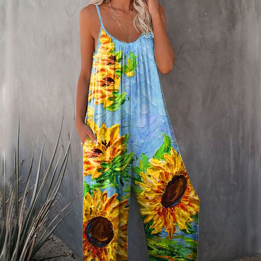 Bohemian Sunflower Print Pleated Wide-Leg Jumpsuit