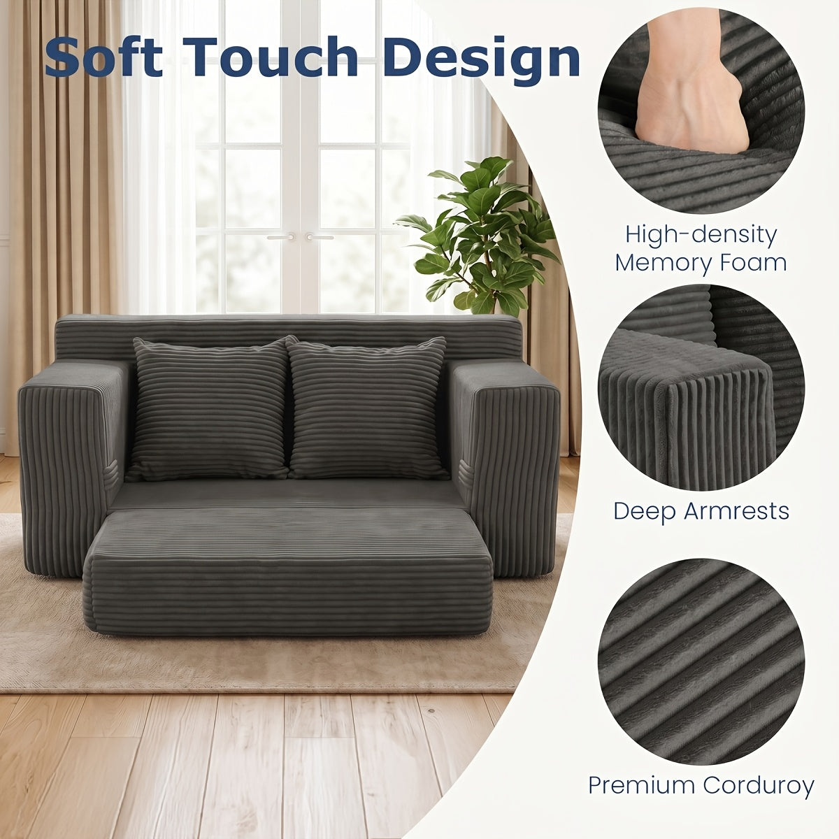 Left chaise L-shaped sectional sofa with memory foam cushions and corduroy upholstery