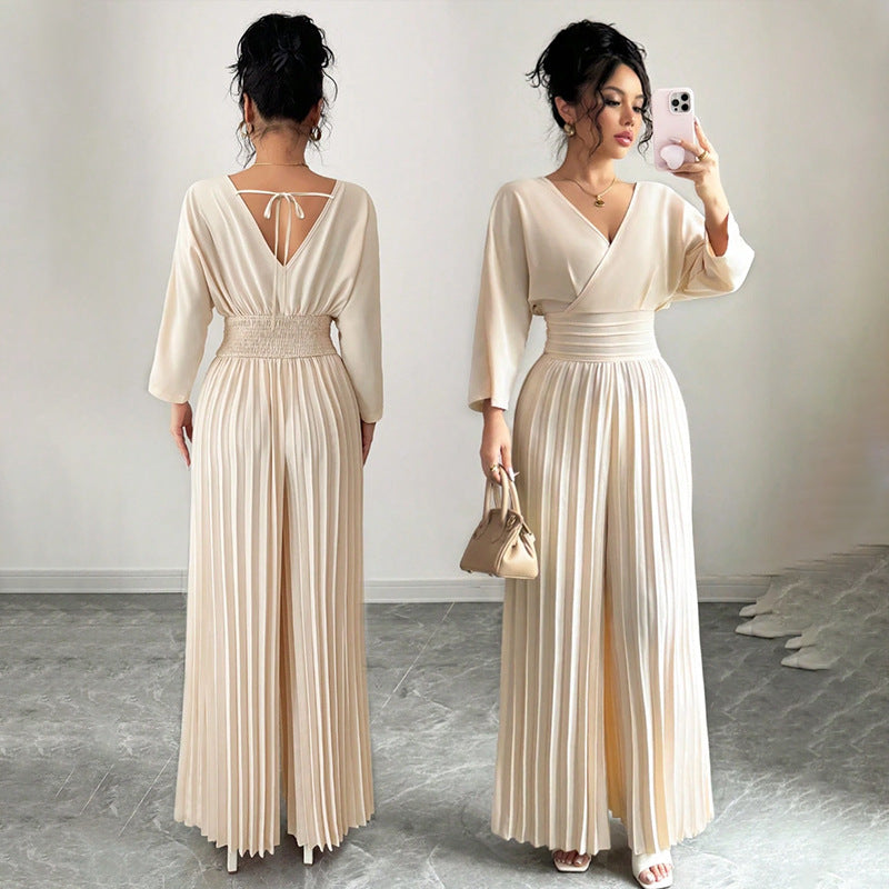 Solid-color Pleated Jumpsuit Pants For Women