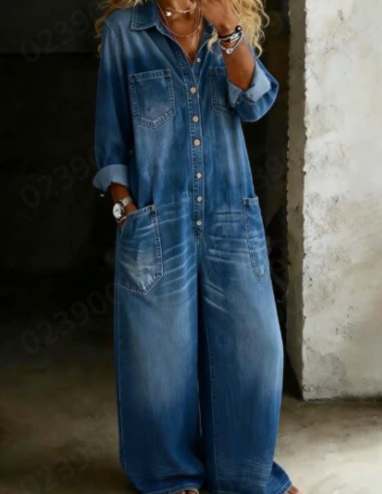 Chic Printed Long-Sleeve Lapel Jumpsuit