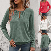 Hollow-out V-neck Long-sleeve Casual Womens T-shirt