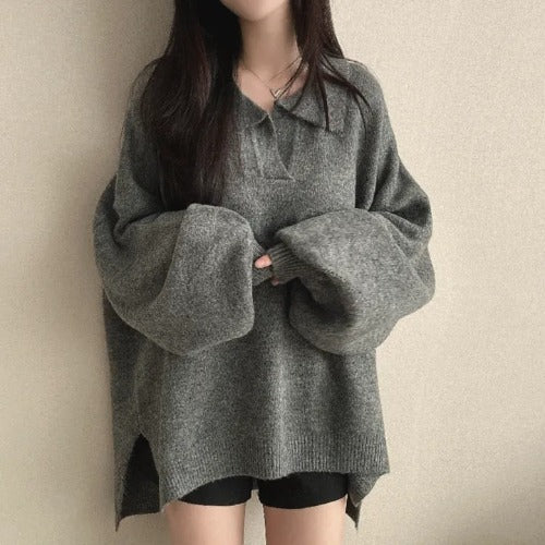 Womens Polo-neck Sweater Loose-fit Warm Mid-length Knitted Top