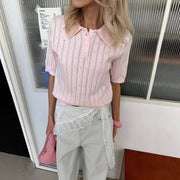 Casual Polo Knit Short-Sleeve Top for Women