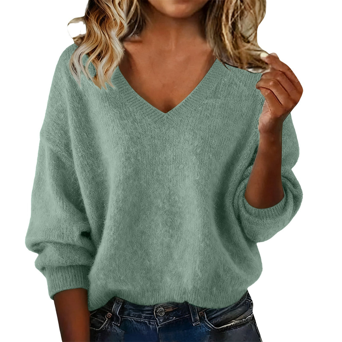 Women's New Autumn & Winter Solid Color V-neck Long Sleeve Knit Sweater, Loose Casual Tops
