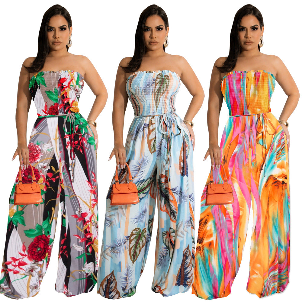 Floral Print Halter Chiffon Wide-Leg Jumpsuit