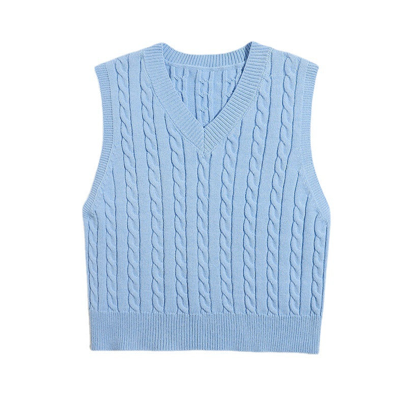 Springsummer Knitted Cabled Vest Pullover with V-neck