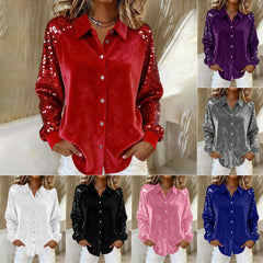 Women's Fashion Sequins Long Sleeve Blouses Casual Solid Long Sleeve Turn-down Collar Button Shirts Top Women Holiday Streetwear Clubwear Clothes