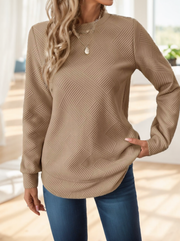 Women Casual Comfortable Waffle-Textured Asymmetrical Hem Crew Neck Sweatshirt