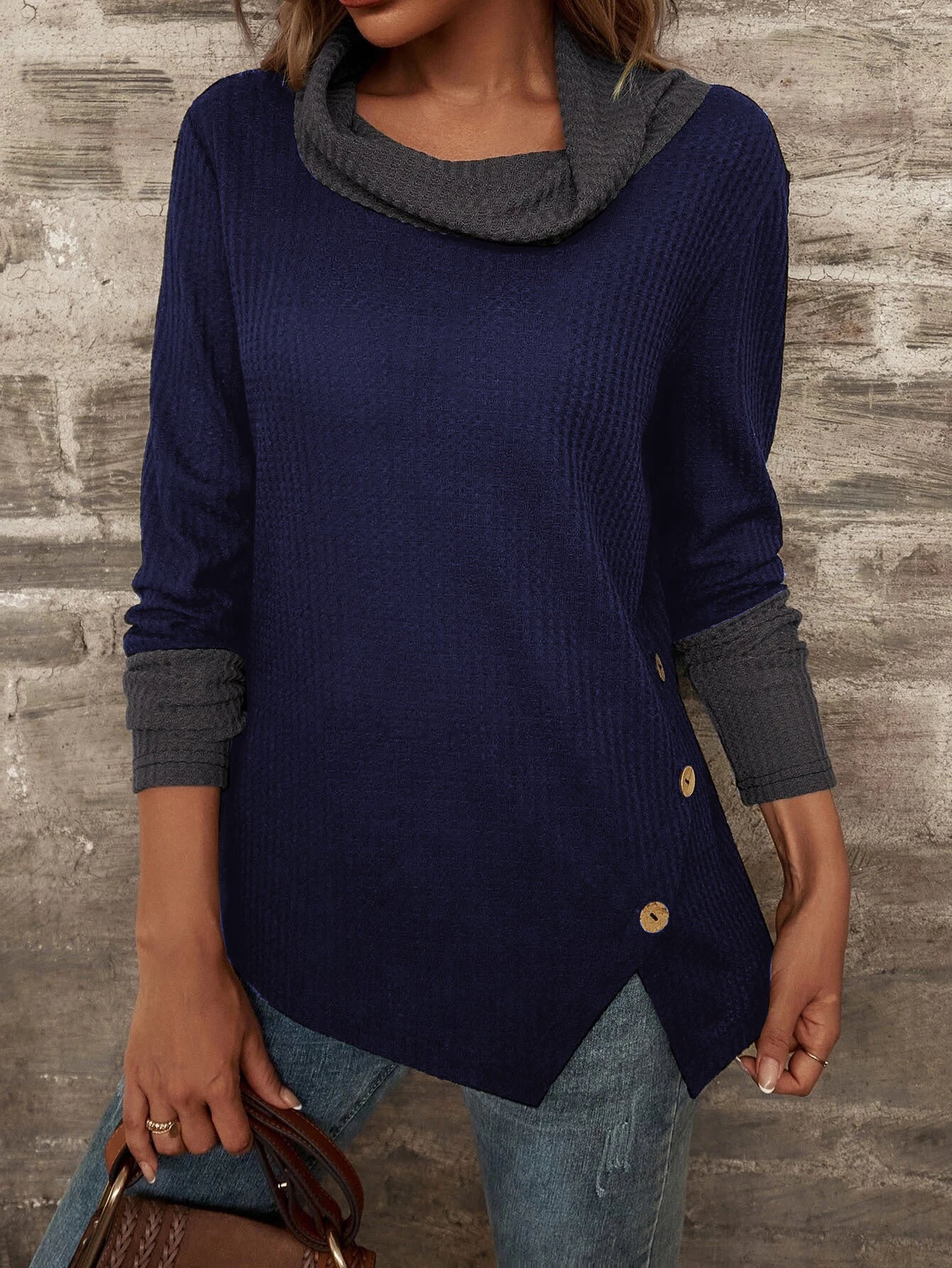 Waffle Knit Mock Neck Long Sleeve Top