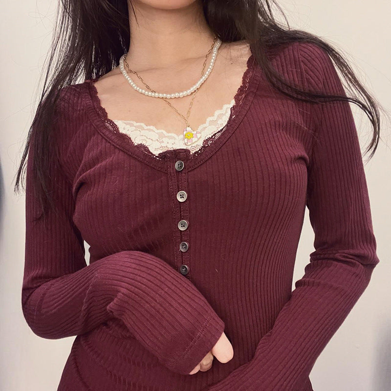 Lace Stitching Slim-Fit Long Sleeve Top