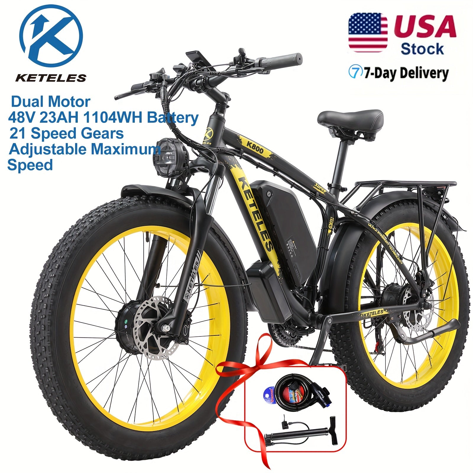 KETELES Adult Electric Bike with Dual Motor 170 NM Torque & 48V 23AH Battery - 26" All-Terrain Tire Mountain Bike, 21-Speed Shimano System, 50-Mile Range, Front/Rear Motor, Heavy-Duty Alloy Frame, ...