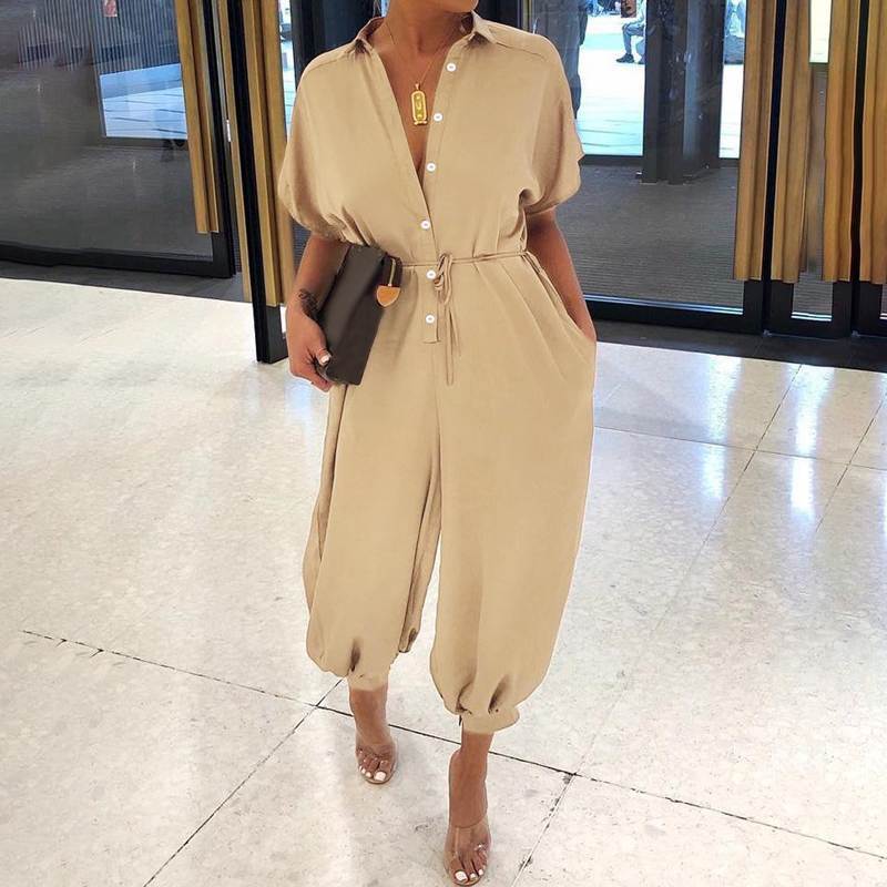 Retro Women's Short-Sleeve Casual Button Jumpsuit