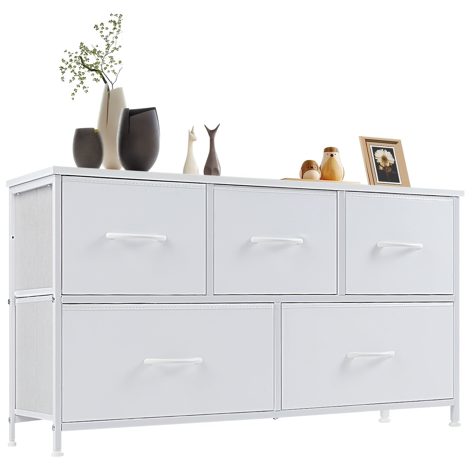 5-Drawer Wide Dresser with Fabric Bins, Freestanding Wood Chest – Khaki/Green