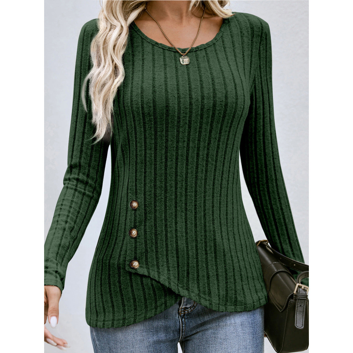 Women's Slim Fit Button Round Neck Ribbed Sweater