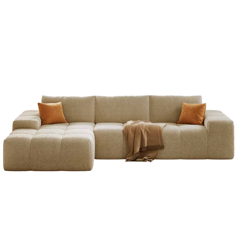 Modular L-shaped chaise longue sofa bed with deep seat and corduroy upholstery