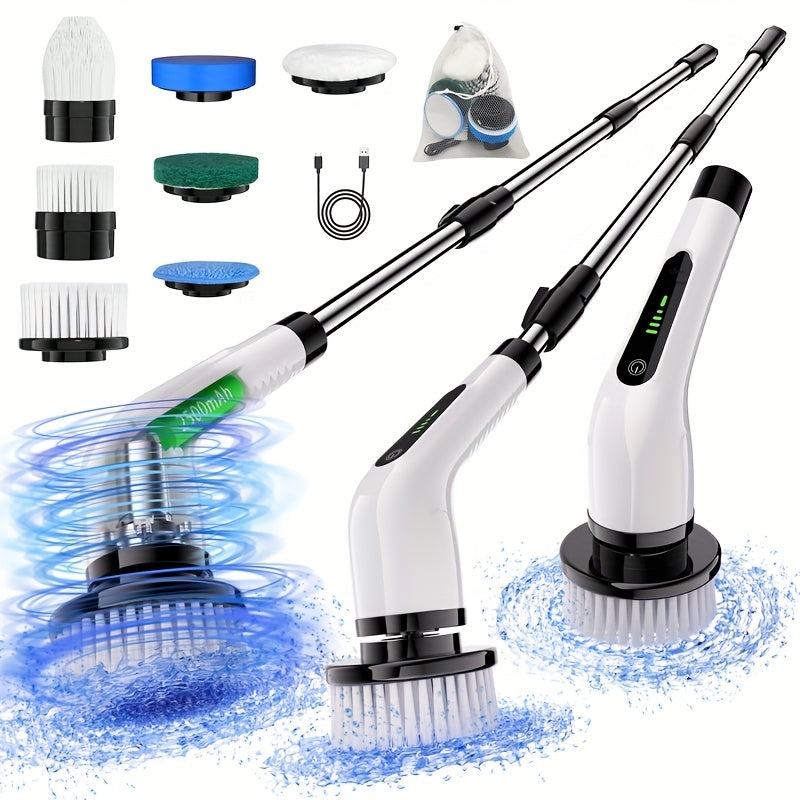 Electric Spin Scrubber Cordless Cleaning Brush, with Battery Level Display, 7 Replaceable Heads, Dual-speed And Detachable Telescopic Handle, Suitable for Kitchen, Living Room And Bathroom