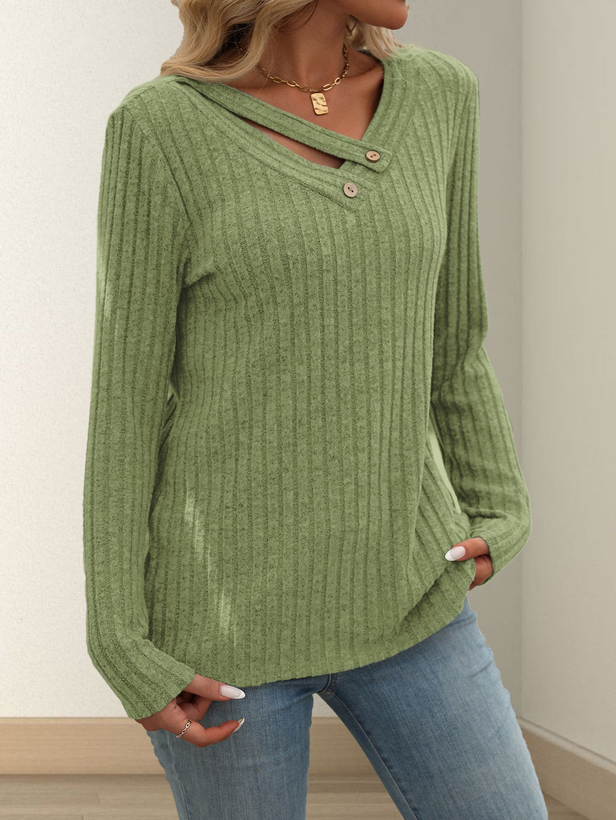 Solid-color V-neck Long-sleeve Knit Top with Buttons