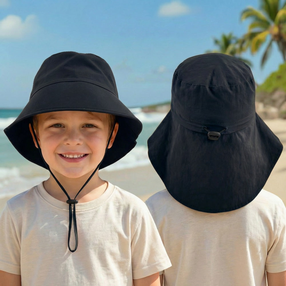 Kids Outdoor Sun Hat with Windproof Rope, Adjustable Drawstring and Ponytail Hole – Nylon Fisherman Style