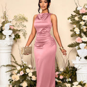 Summer New Pleated Satin Sleeveless Evening Dress