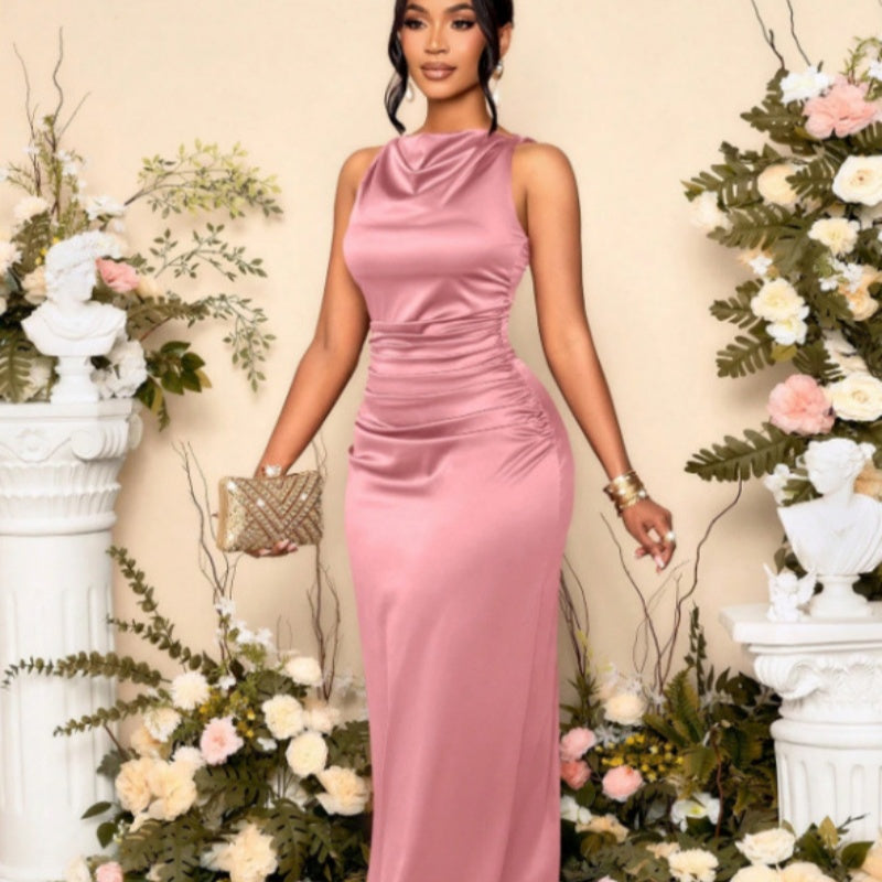 Summer New Pleated Satin Sleeveless Evening Dress