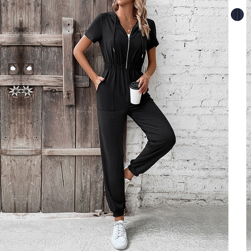 European And American-style Hooded Workwear Casual Jumpsuit