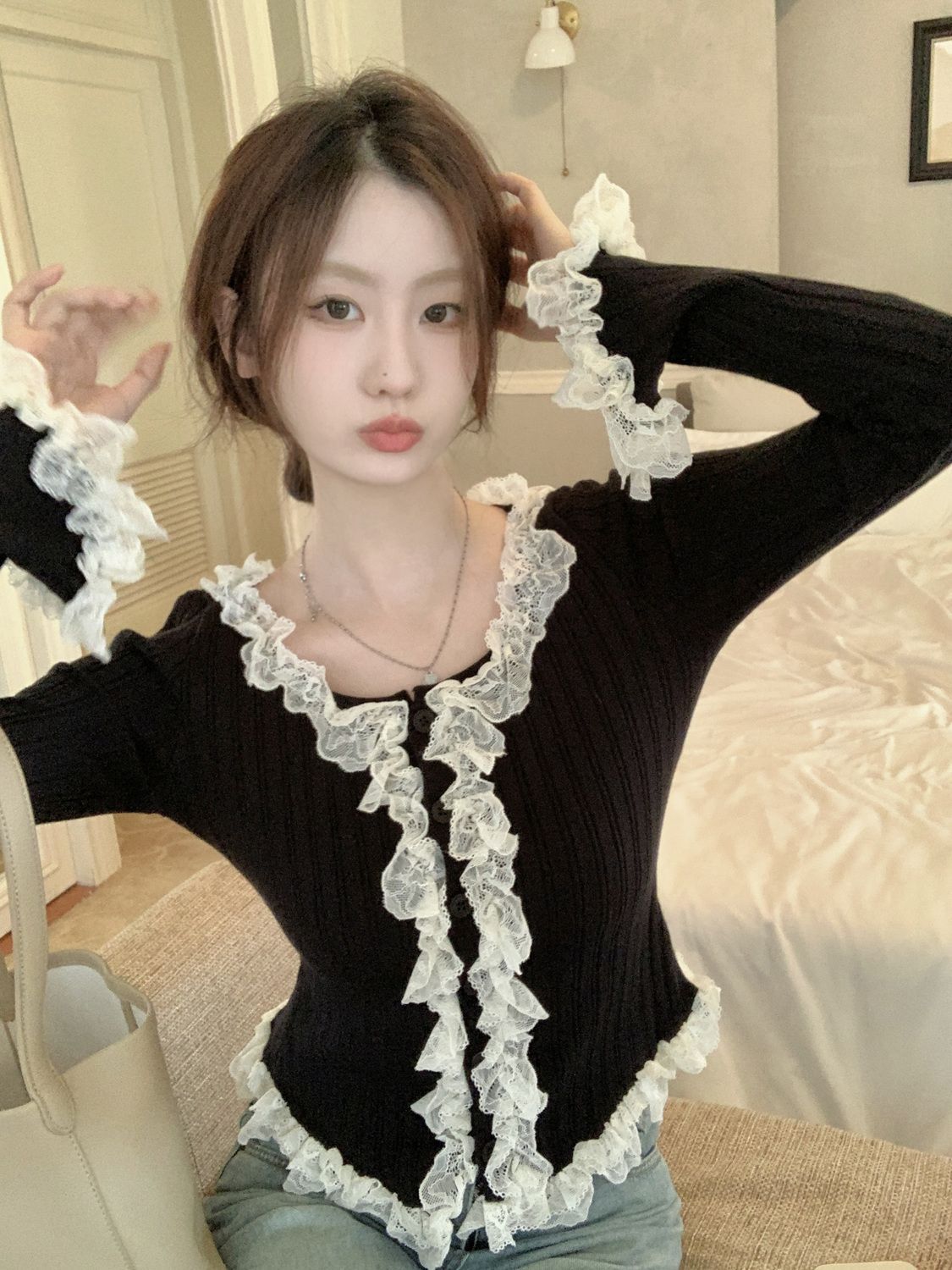 Women's Lace Patchwork Black Fungus Edge Knitted Cardigan Jacket