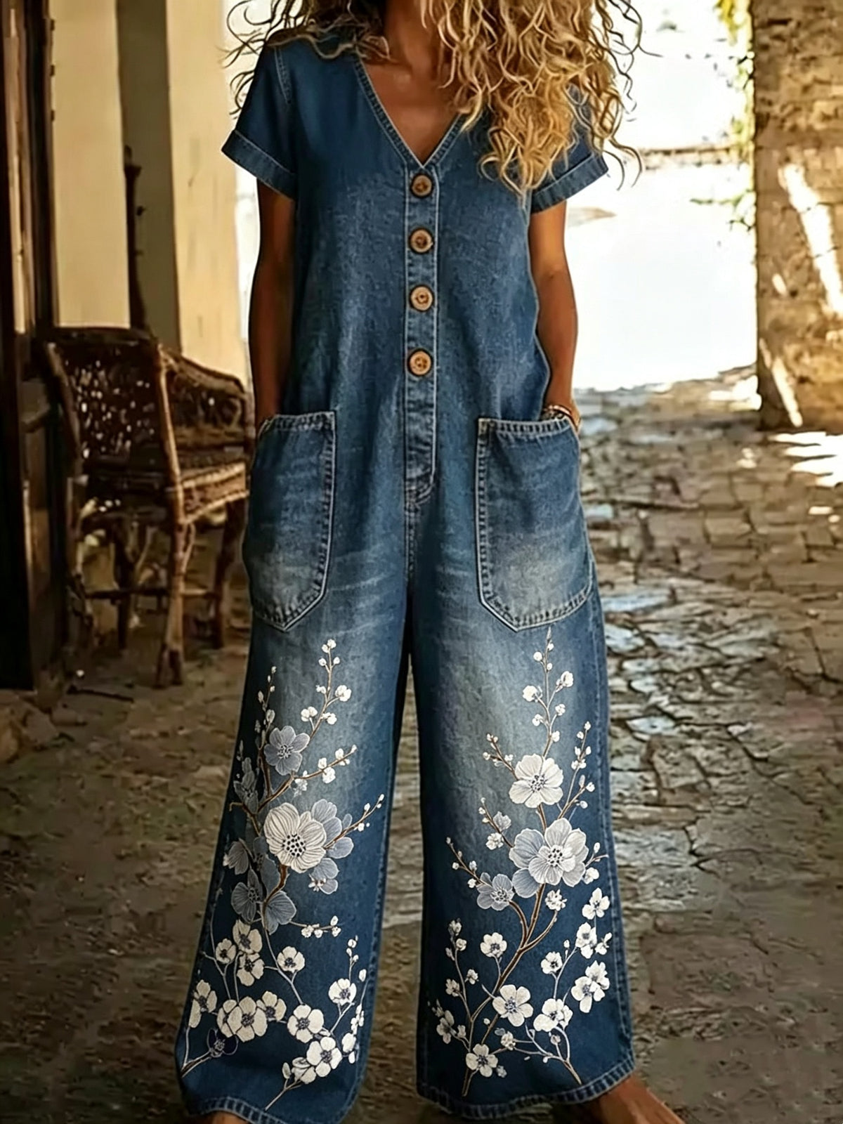 Denim Wide-Leg Short Sleeve Jumpsuit with Pockets