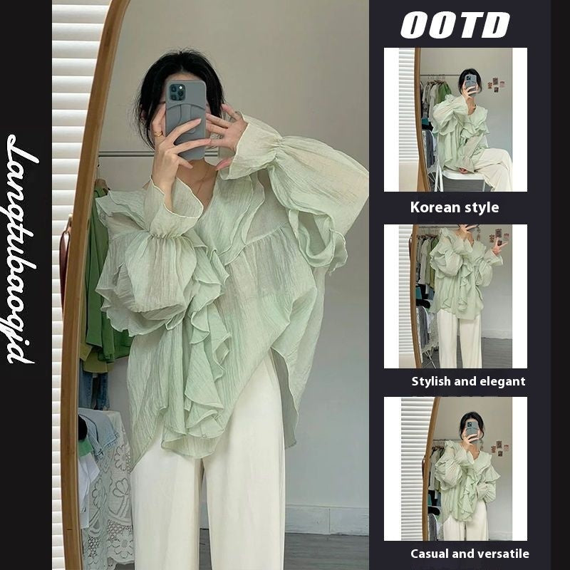Women's Ruffled V-neck Puff Sleeve Shirt With Fashionable Design
