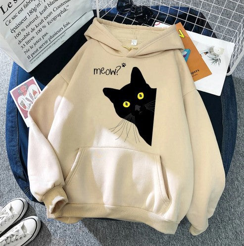 Plus Size Black Cat Fleece Hooded Sweatshirt