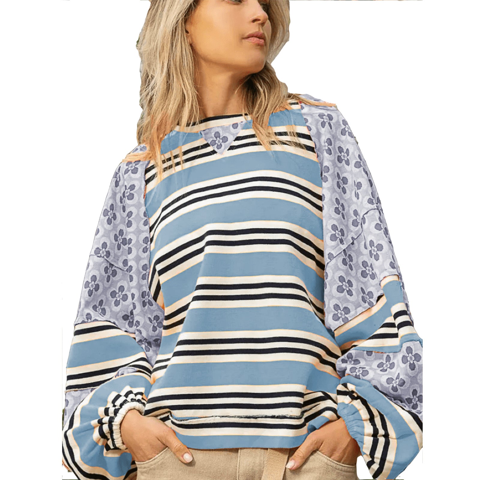 Women's Color Block Print Loose Long Sleeve Pullover Top
