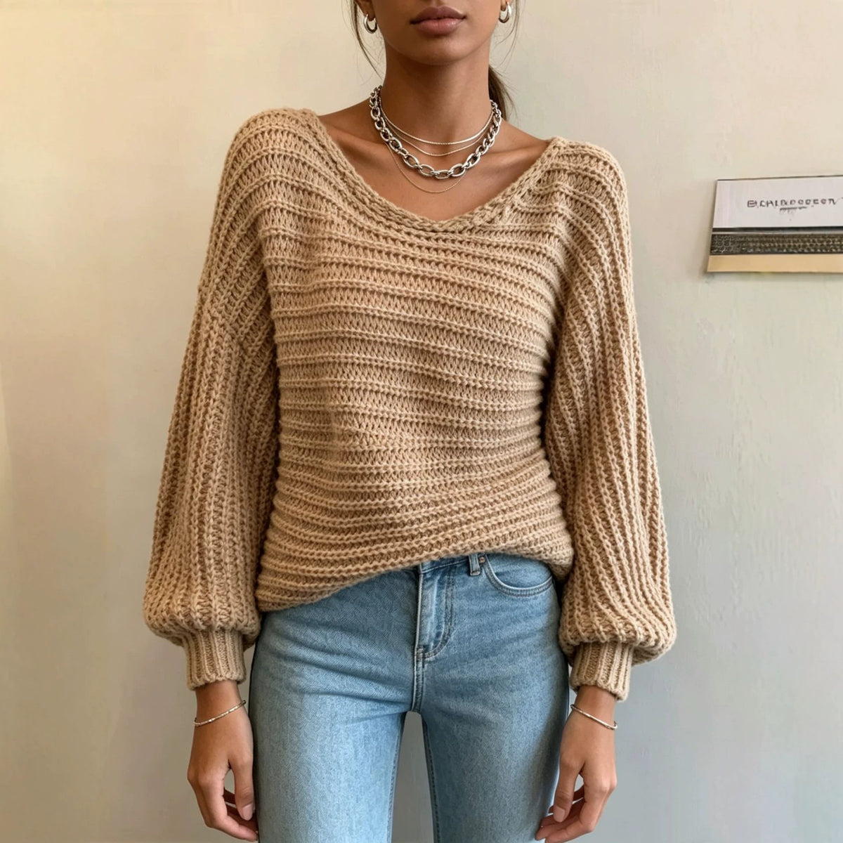 Irregular Knitted Pullover Sweater Top for Women