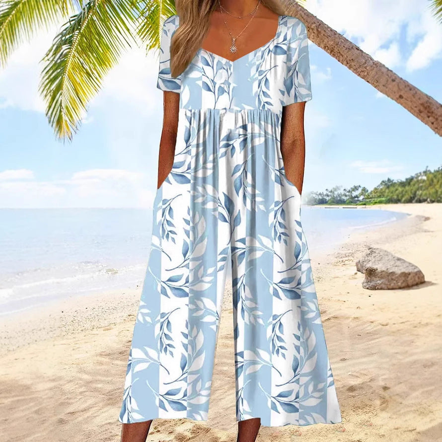 Womens Plus-Size Elegant Printed Sleeveless Jumpsuit