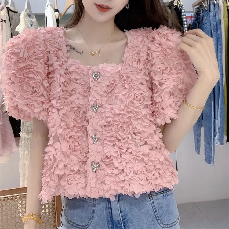 Rose-patterned Heart-shaped Rhinestone Buckle Puff-sleeve Blouse