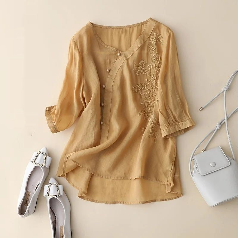 Plus Size Slimming Cotton And Linen Top With Buckle Loose Cotton-linen Shirt Women