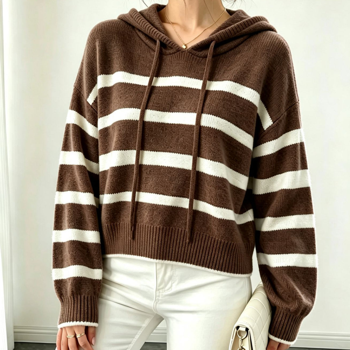 Womens Striped Knitted Hooded Pullover Sweater
