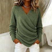 V-neck Long Sleeve Cross Solid Color Knitted Sweater