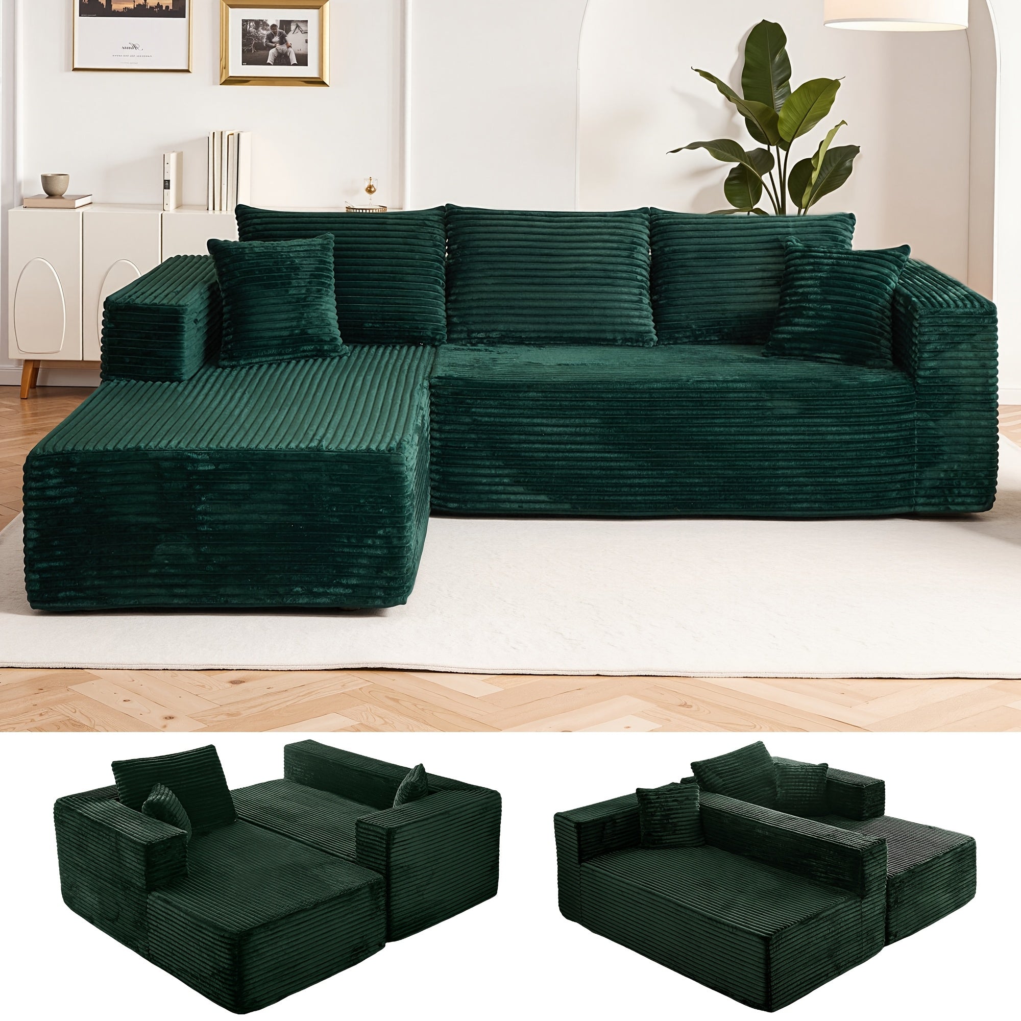 Modular L-shaped chaise longue sofa bed with deep seat and corduroy upholstery