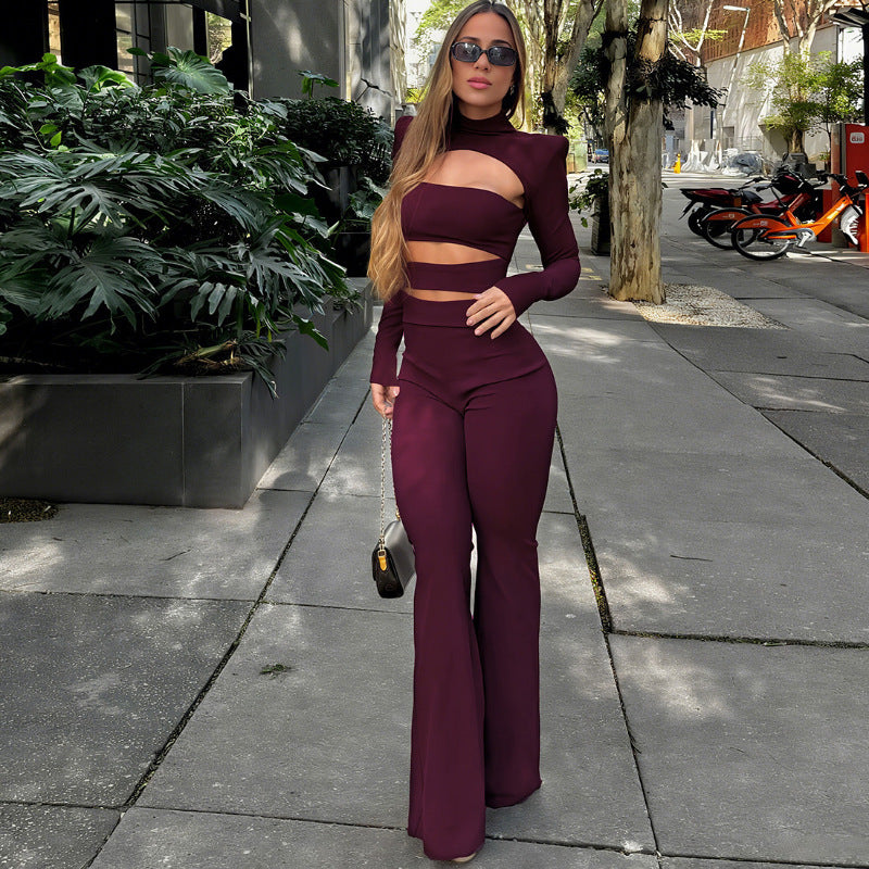 Women's Slim-Fit Hollow Out Long Sleeve Flared Jumpsuit