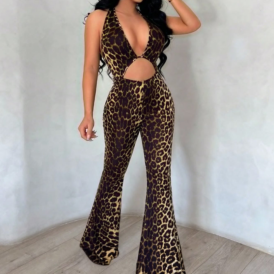 Leopard Print High-Waisted Flared Jumpsuit